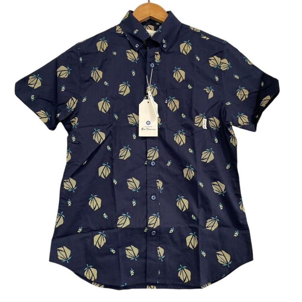 Ben Sherman Maritime Blue Floral‎ Print Short Sleeve Button Down Shirt Size S